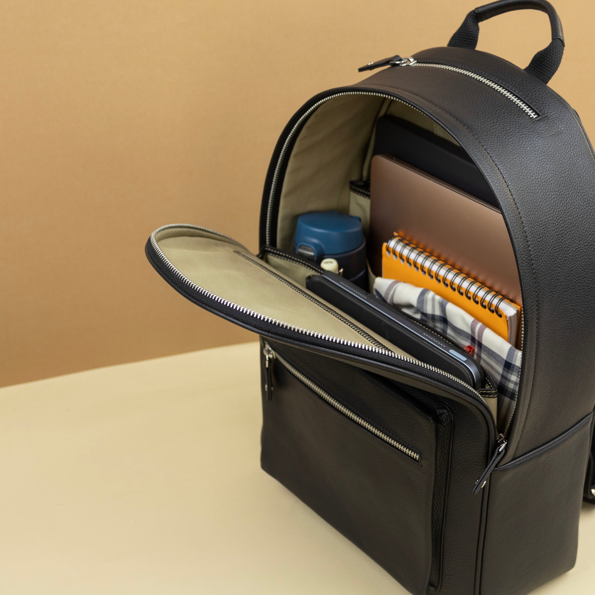 Detailed interior view of a leather backpack
