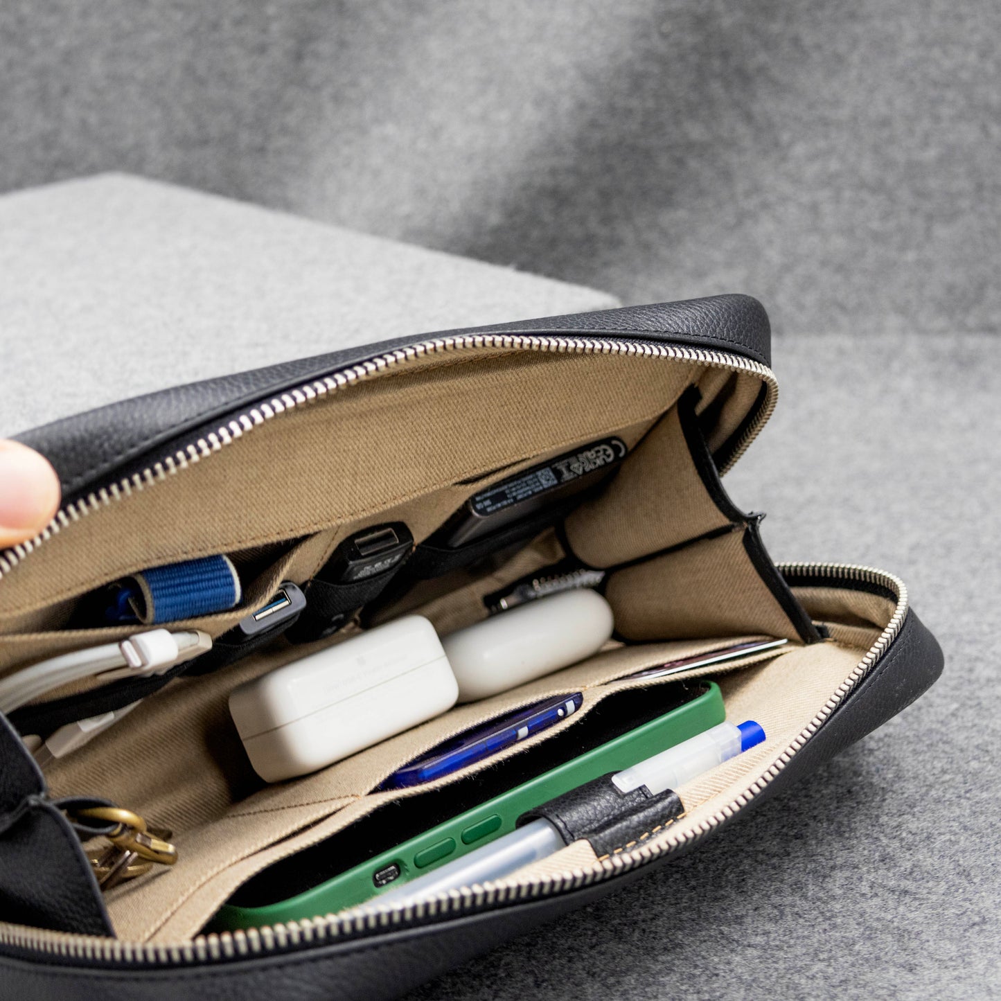 Tech pouch for cords, cables, electronics organization in leather