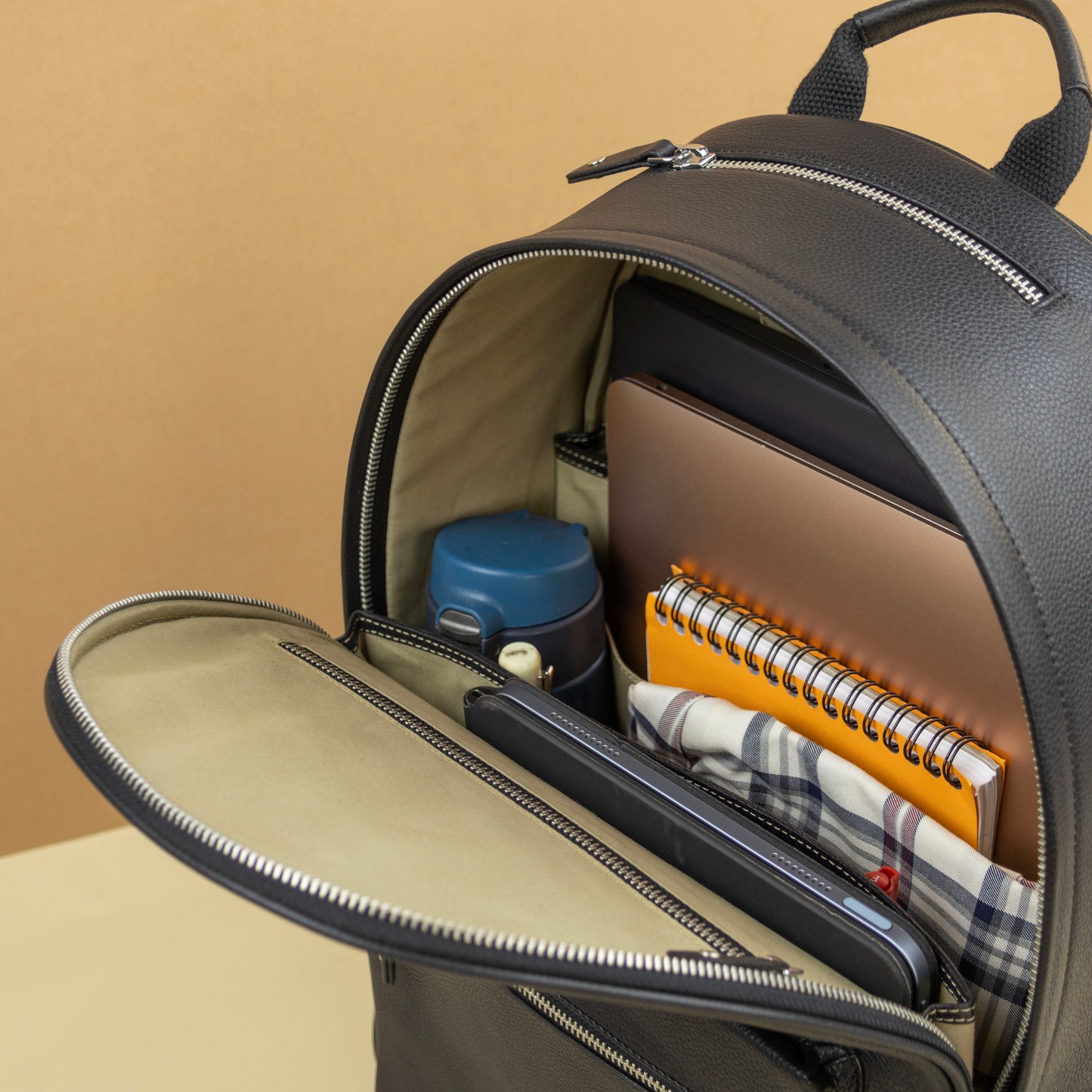 Interior of a leather backpack