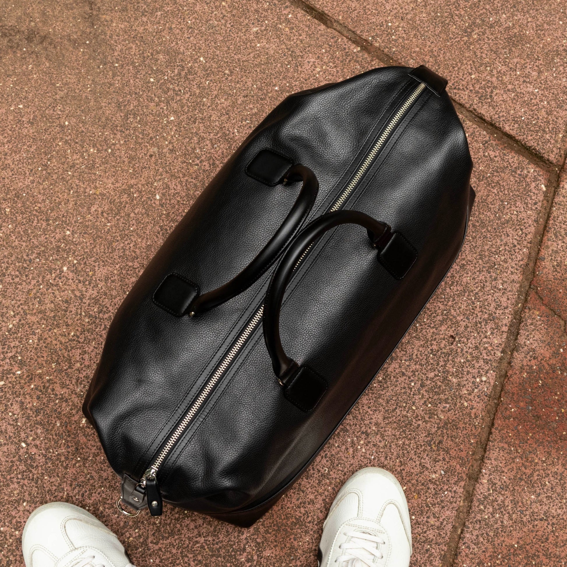 Leather Duffle Bag as viewed from top. Visible in the image are top zippers. We use YKK metallic zippers for a long life