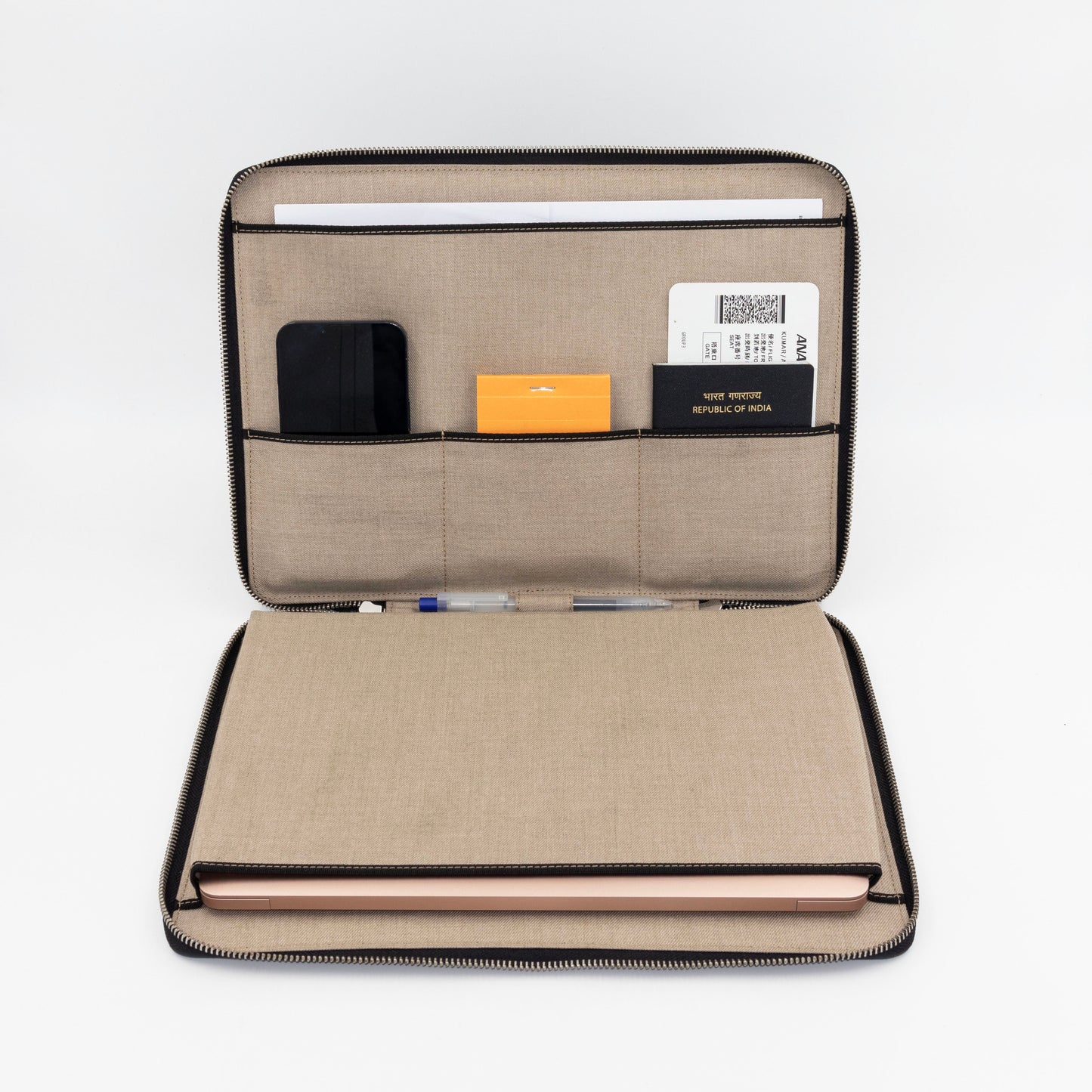 Interior of the leather laptop case featuring a document holder
