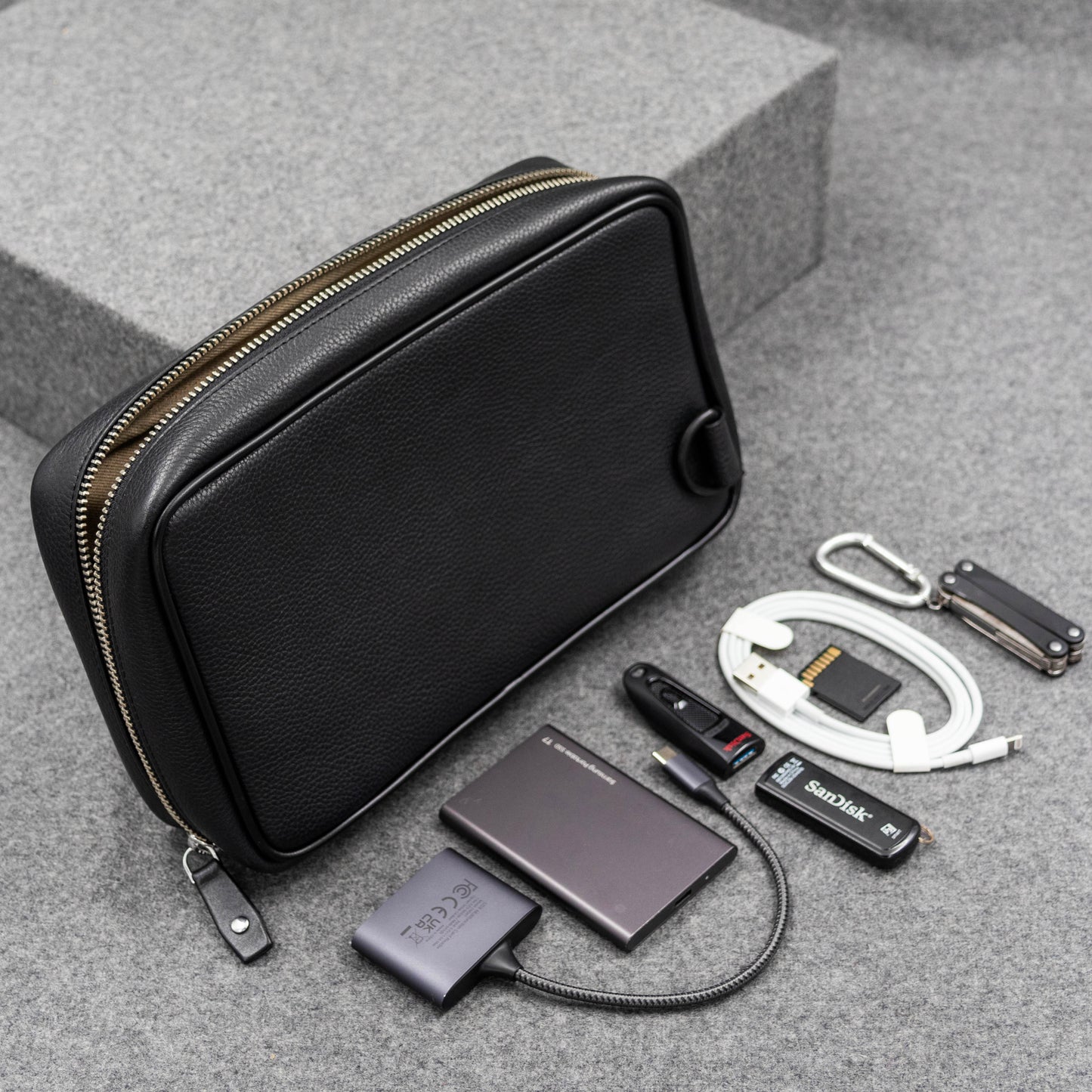 Tech pouch for cords, cables, electronics organization in leather