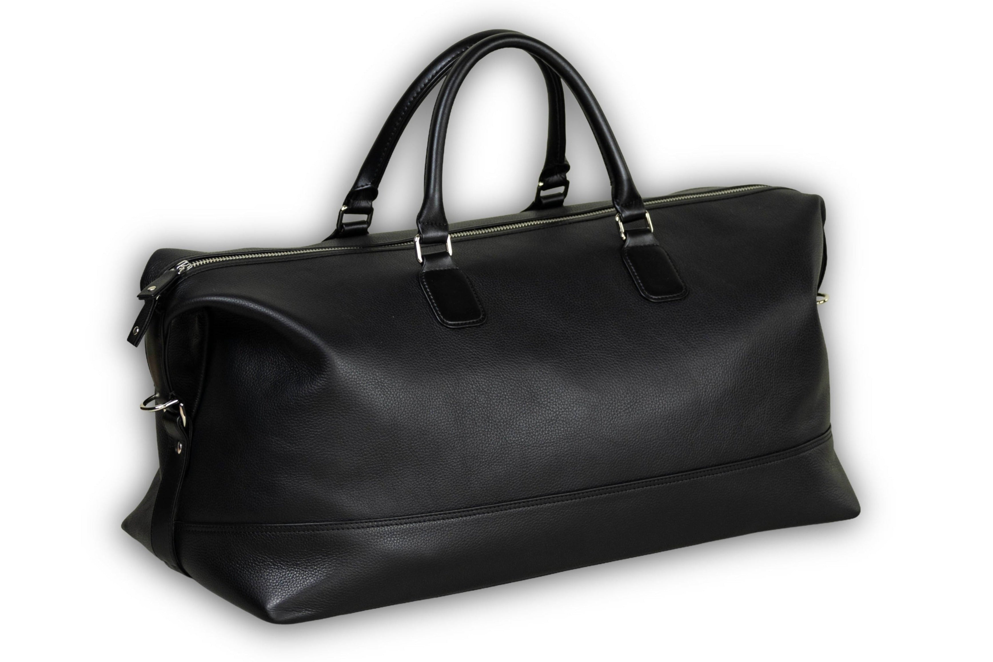 Black leather duffel bag on a white background