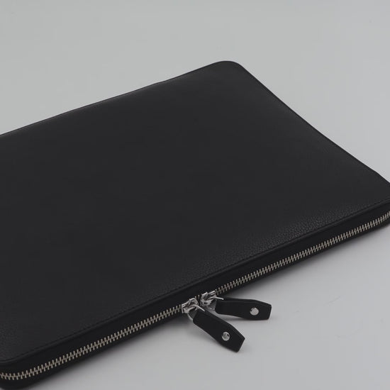 HP Envy Laptop zipper case handmade from black full grain leather in pebble texture. Monogramming available